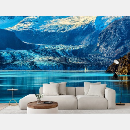 Papier peint panorama alpin : glacier et reflets turquoise – Wallnifity®