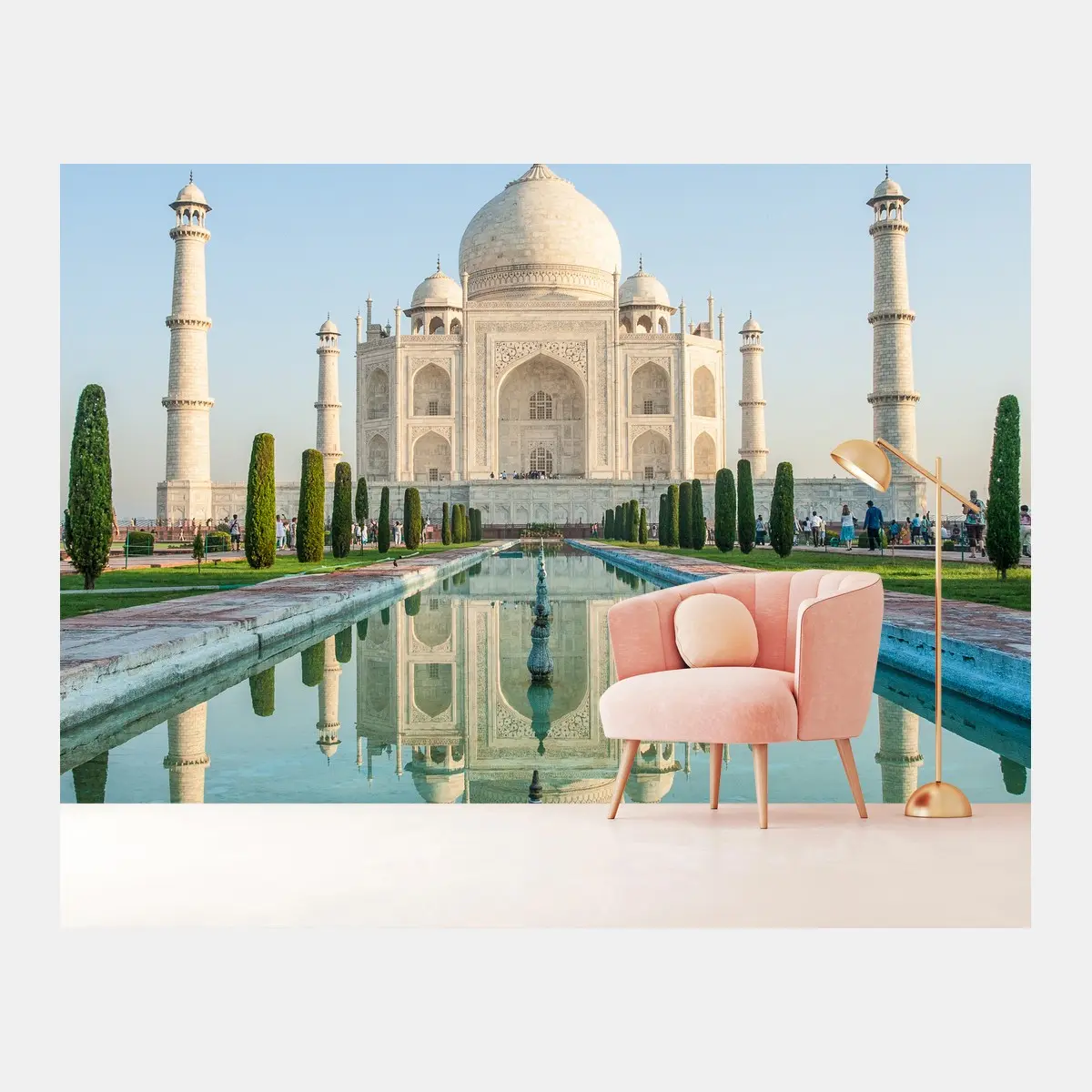 Papier peint reflet symétrique du Taj Mahal au lever du soleil – Wallnifity®