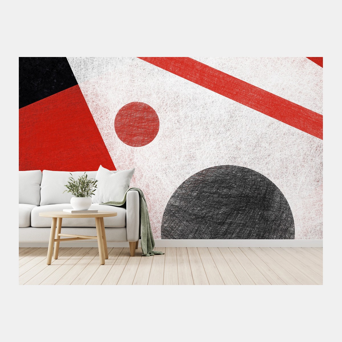 Papier peint composition géométrique rouge, noire et blanche – Wallnifity®