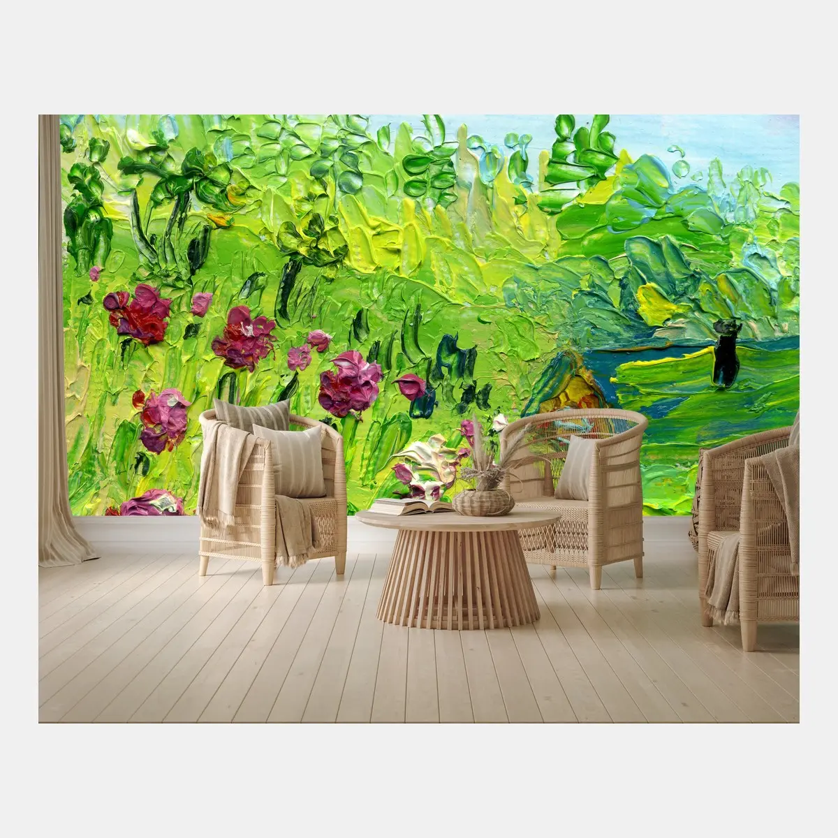 Papier peint pivoines au jardin en pâte au couteau – Wallnifity®