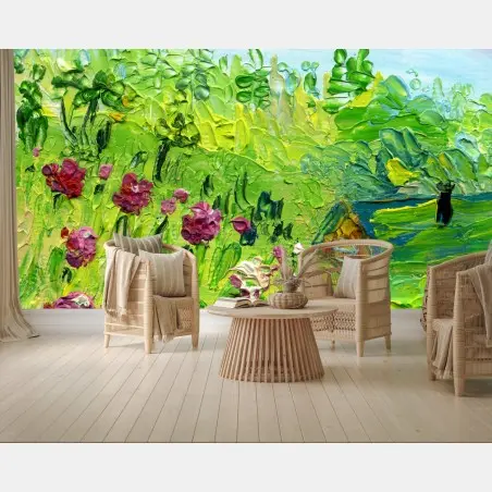 Papier peint pivoines au jardin en pâte au couteau – Wallnifity®