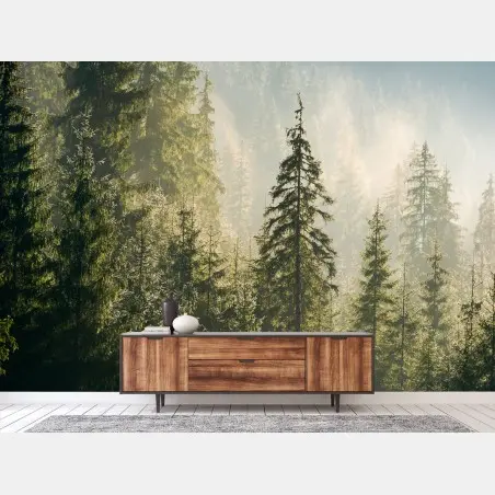 Papier peint brume matinale sur la forêt d'épicéas – Wallnifity®