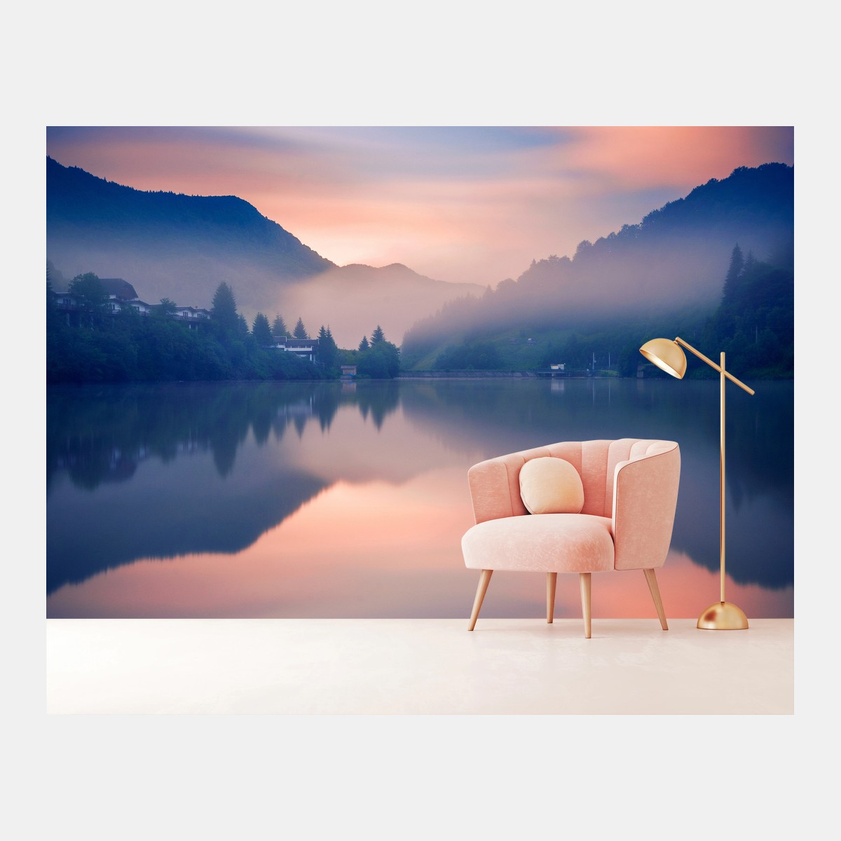 Papier peint brume matinale au lac de montagne – Wallnifity®