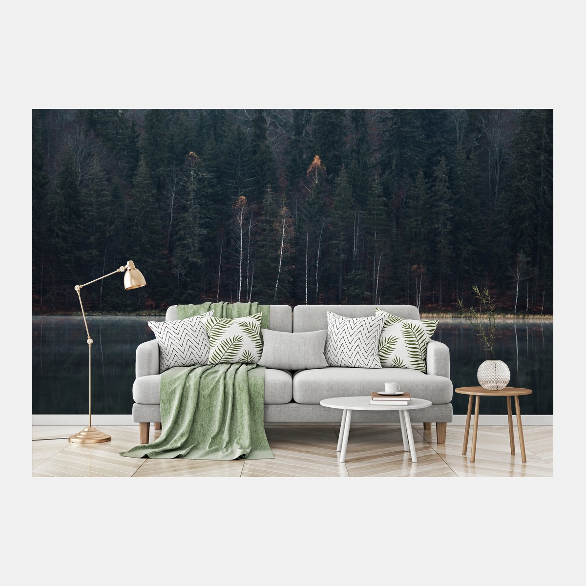 Papier peint forêt brumeuse au bord du lac, reflet apaisant – Wallnifity® Papier peint forêt brumeuse au bord du lac, reflet apaisant – Wallnifity®
