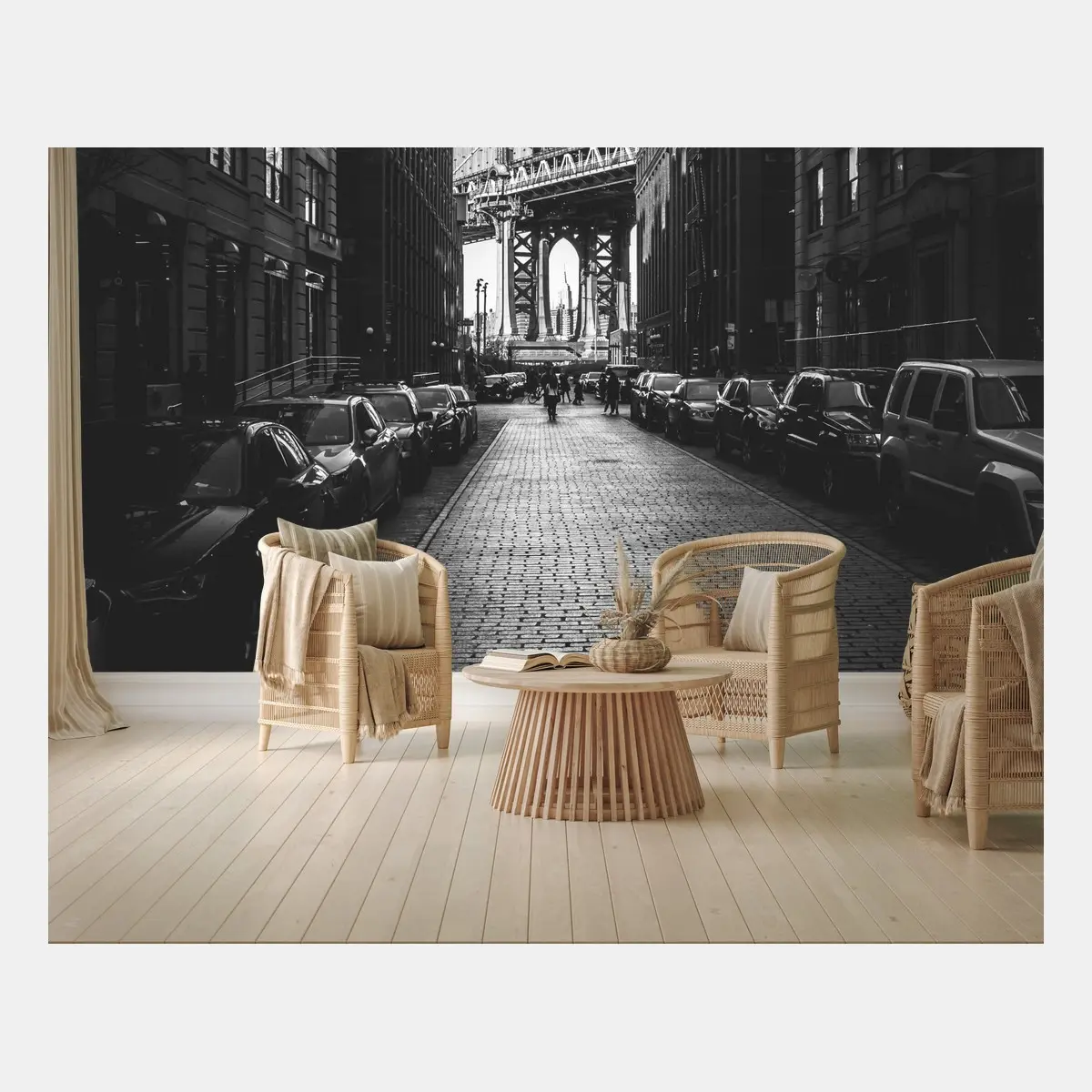 Papier peint vibrante perspective du pont de Manhattan entre les immeubles – Wallnifity®