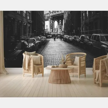 Papier peint vibrante perspective du pont de Manhattan entre les immeubles – Wallnifity®