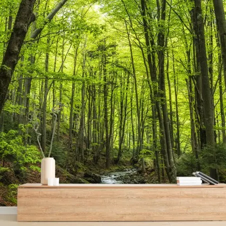 Papier peint forêt verdoyante et ruisseau paisible – Wallnifity®