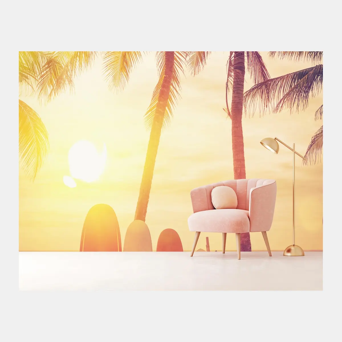 Papier peint coucher de soleil tropical avec planches de surf – Wallnifity®