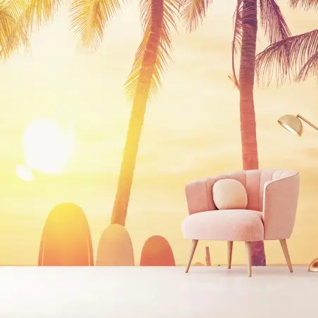Papier peint coucher de soleil tropical avec planches de surf – Wallnifity®