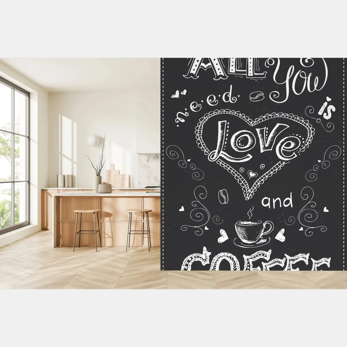 Papier peint amour et café - lettrage dessiné à la main sur fond ardoise – Wallnifity®