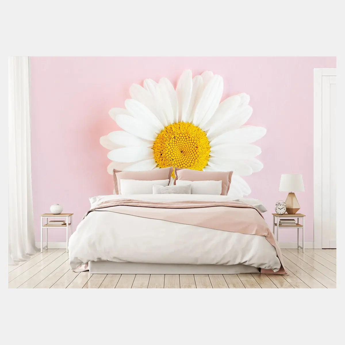 Papier peint marguerite blanche sur fond rose minimaliste – Wallnifity®
