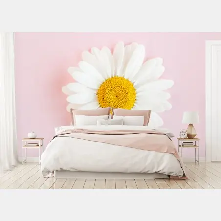 Papier peint marguerite blanche sur fond rose minimaliste – Wallnifity®