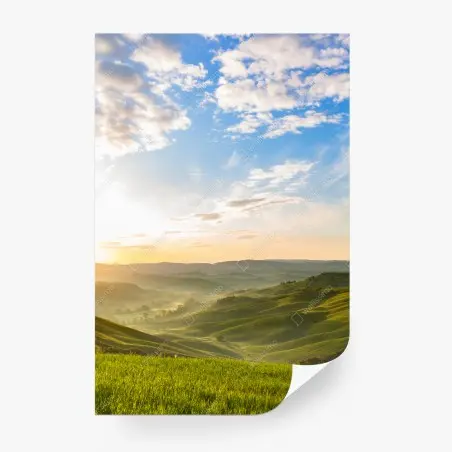 Papier peint aurore dorée sur collines verdoyantes – Wallnifity®