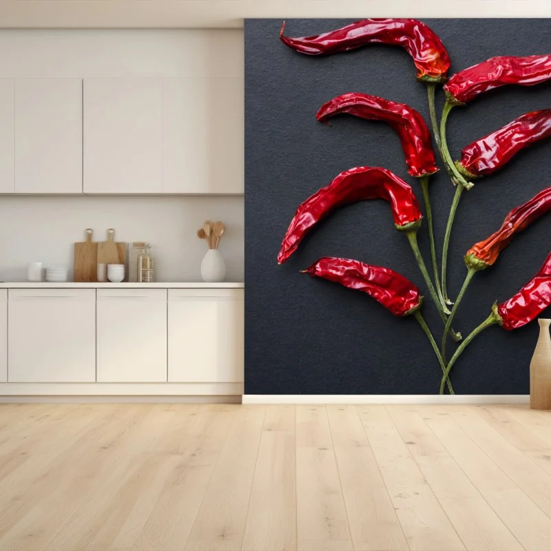 Papier peint arbre de piments rouges séchés sur fond noir – Wallnifity®
