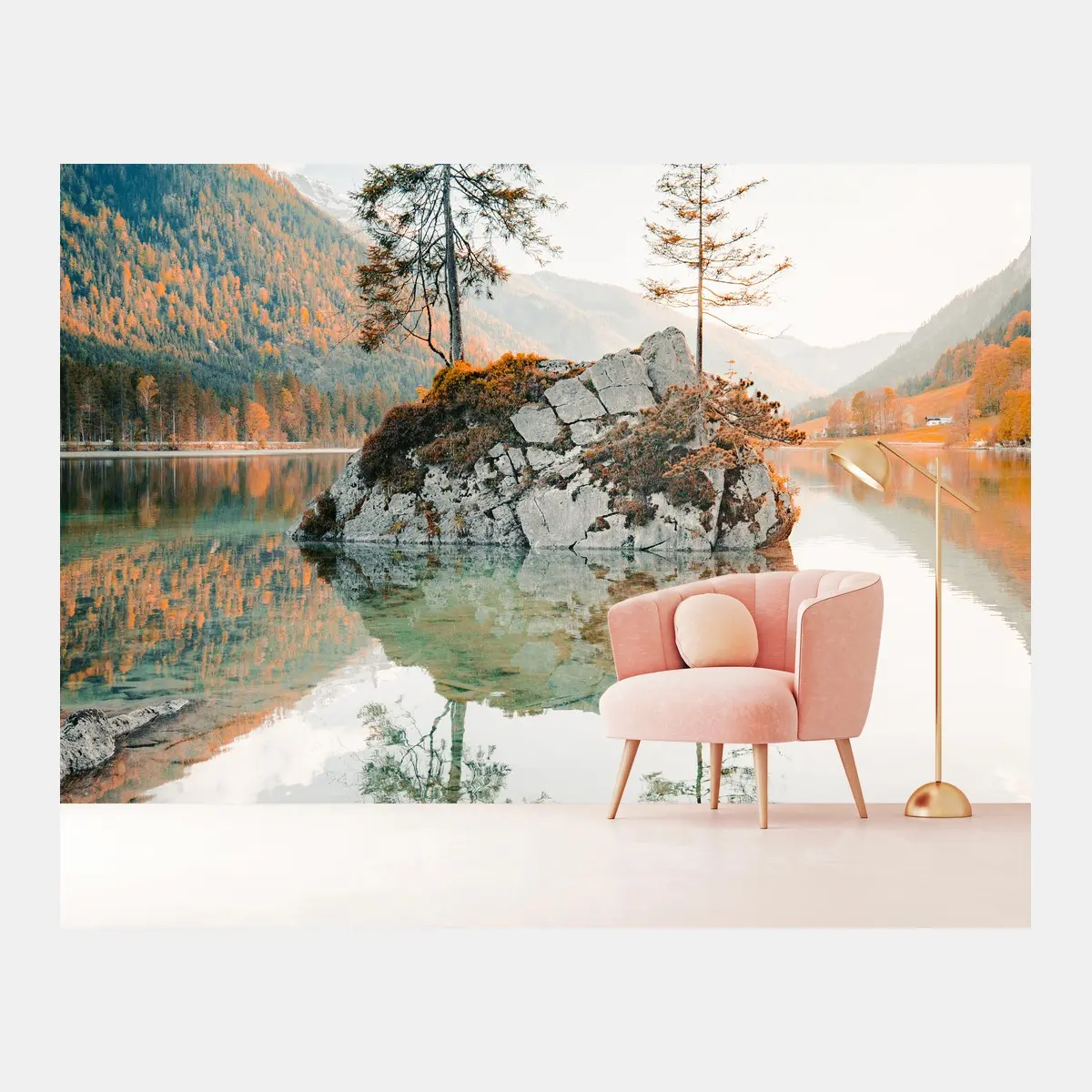Papier peint îlot rocheux et reflet sur le lac à Hintersee – Wallnifity®