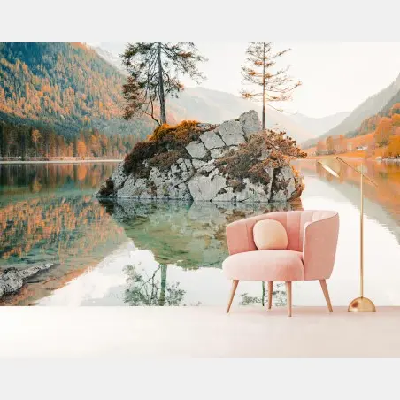 Papier peint îlot rocheux et reflet sur le lac à Hintersee – Wallnifity®