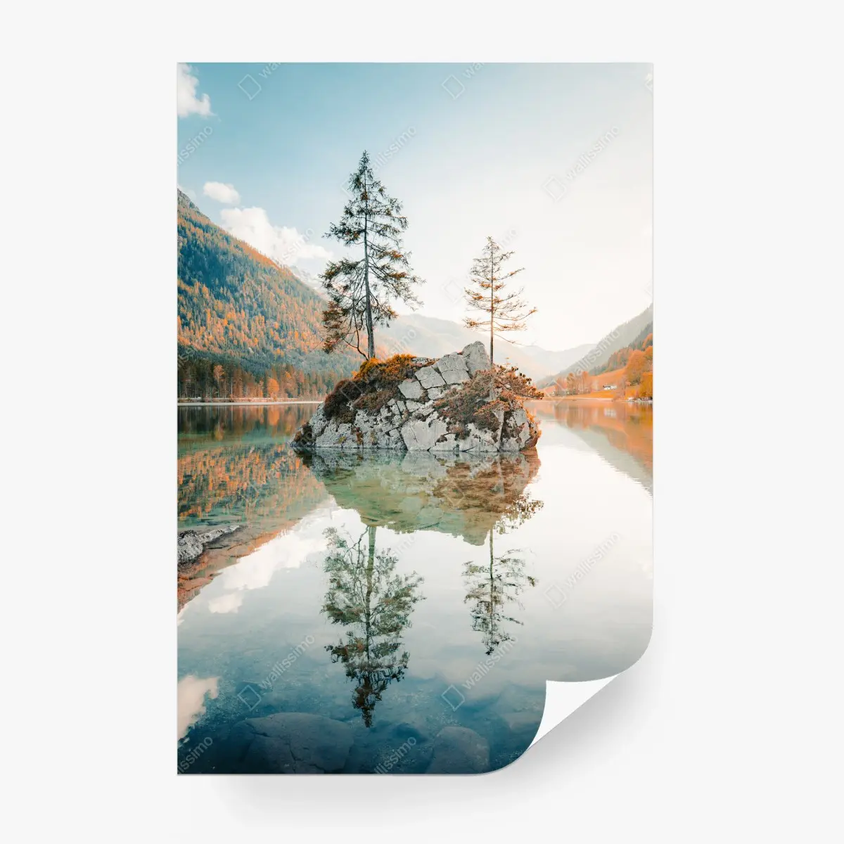 Papier peint îlot rocheux et reflet sur le lac à Hintersee – Wallnifity®