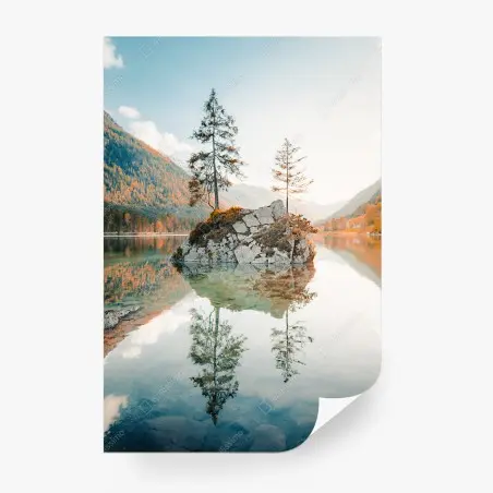 Papier peint îlot rocheux et reflet sur le lac à Hintersee – Wallnifity®