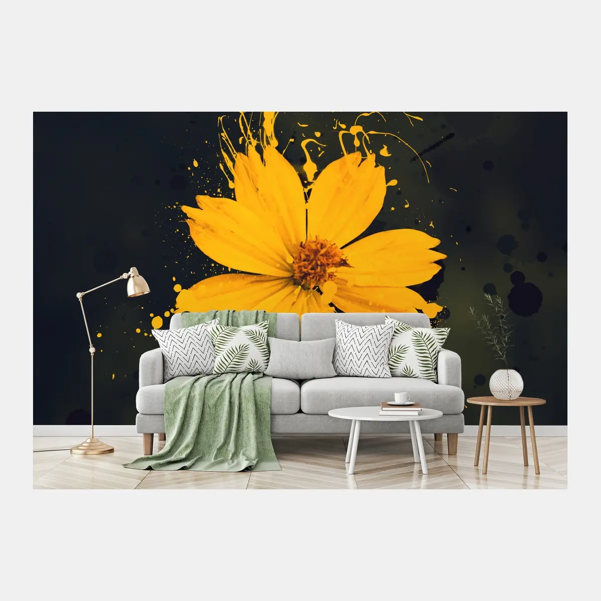 Papier peint fleur jaune en éclaboussures sur fond sombre – Wallnifity®
