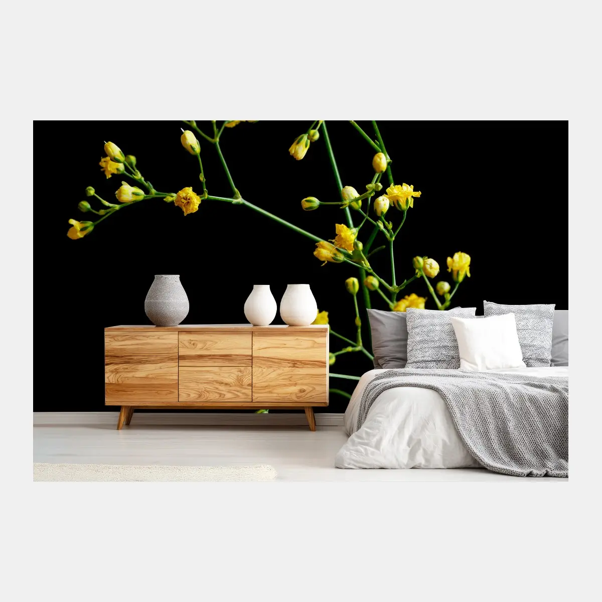 Papier peint branche de gypsophile jaune sur fond noir – Wallnifity®