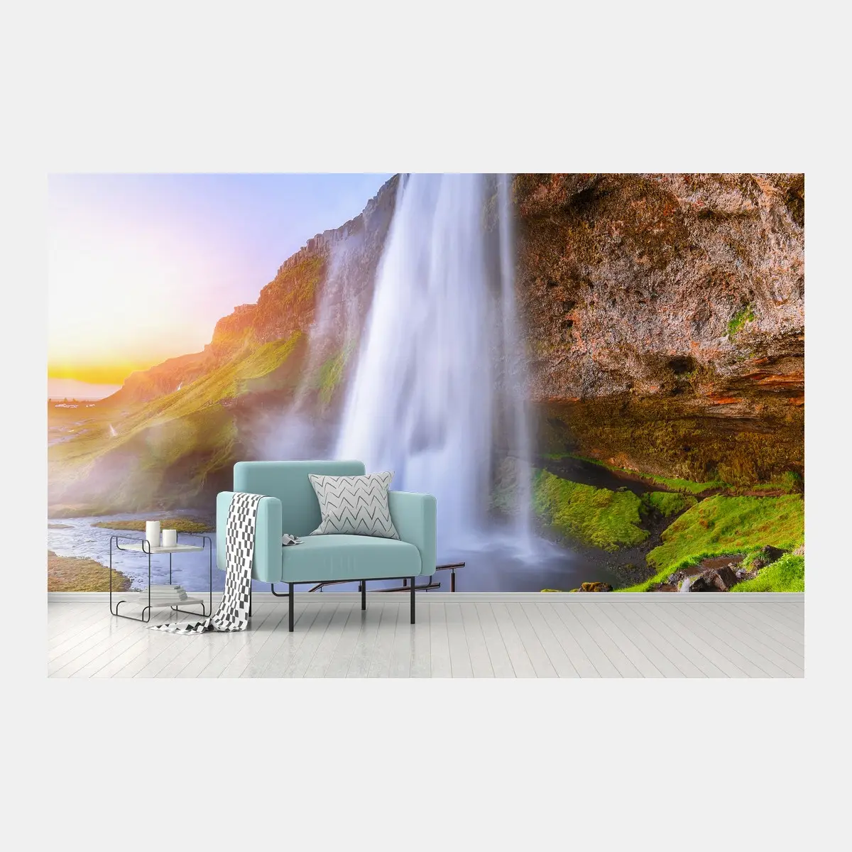 Papier peint cascade majestueuse de Seljalandsfoss au coucher du soleil – Wallnifity®