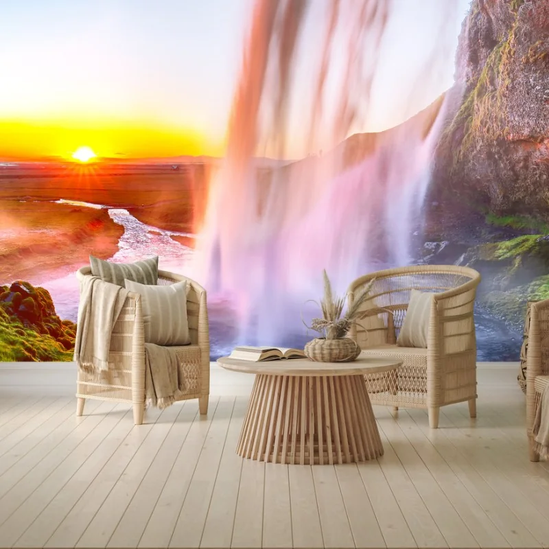 Papier peint cascade de Seljalandsfoss au coucher de soleil – Wallnifity®