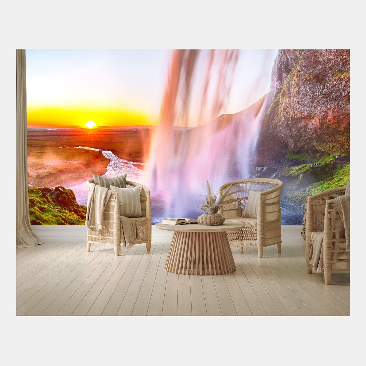 Papier peint cascade de Seljalandsfoss au coucher de soleil – Wallnifity®
