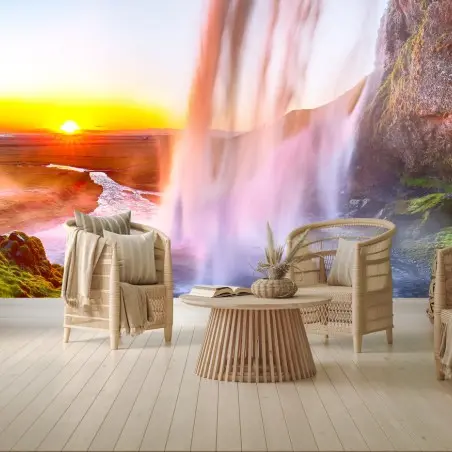 Papier peint cascade de Seljalandsfoss au coucher de soleil – Wallnifity®