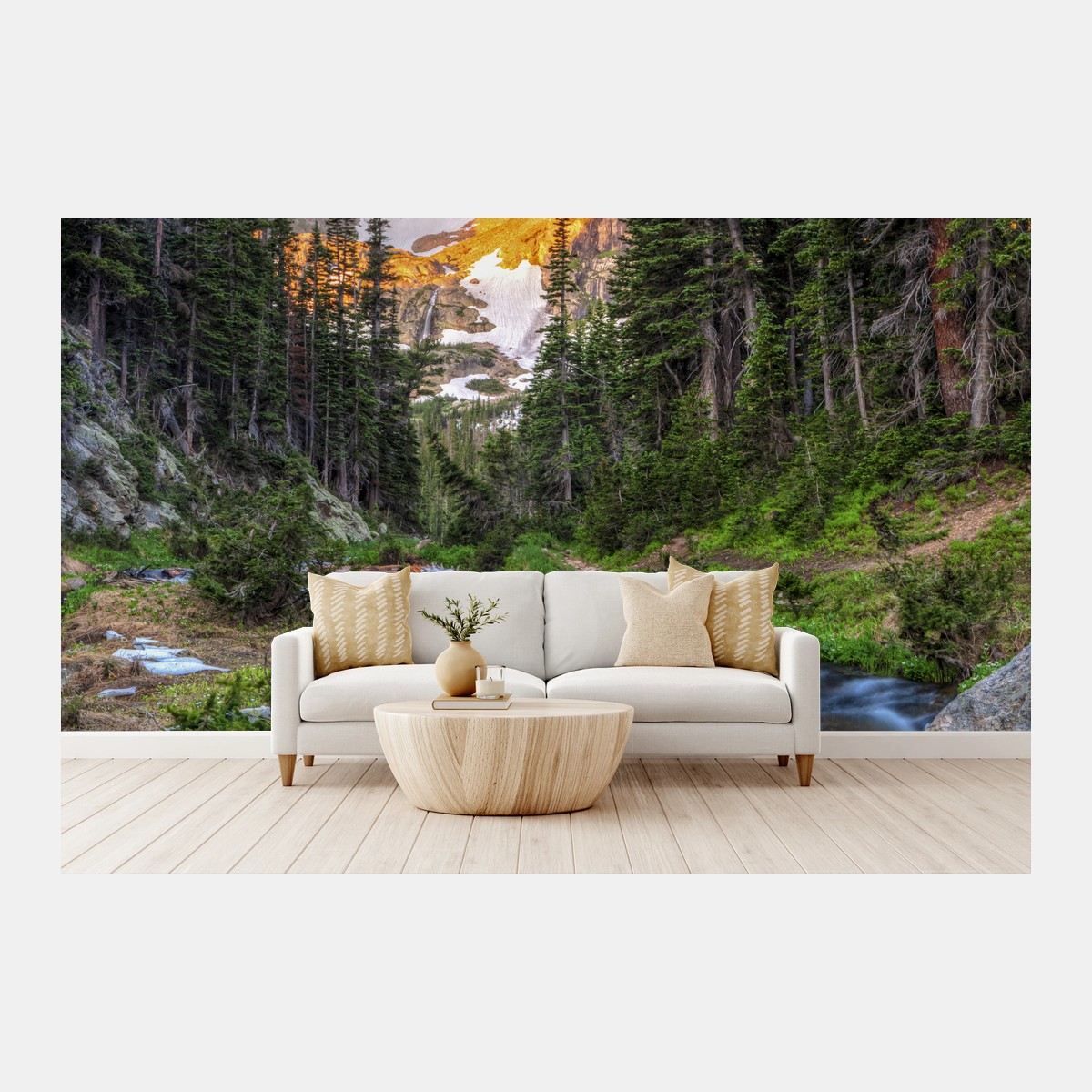 Papier peint cascade et sommet doré au Parc national de Rocky Mountain – Wallnifity®