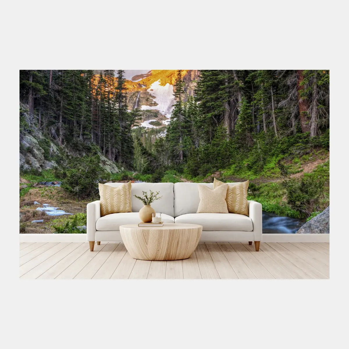 Papier peint cascade et sommet doré au Parc national de Rocky Mountain – Wallnifity®