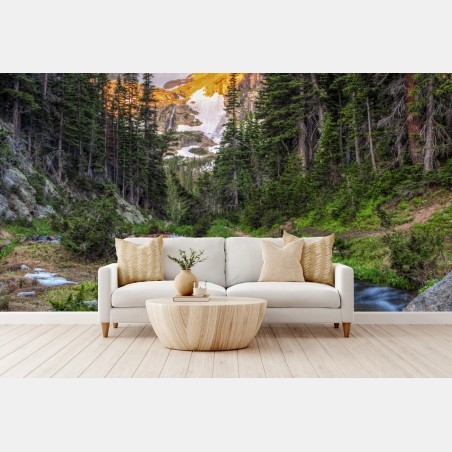 Papier peint cascade et sommet doré au Parc national de Rocky Mountain – Wallnifity®