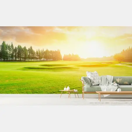Papier peint coucher de soleil doré sur le gazon et la forêt – Wallnifity®