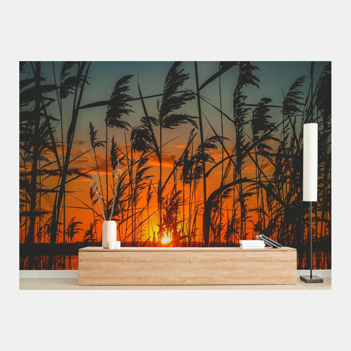 Papier peint silhouettes de roseaux au coucher de soleil – Wallnifity®