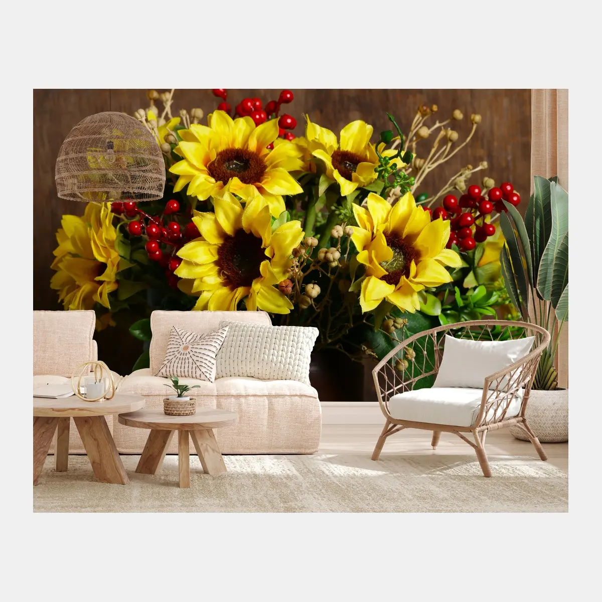 Papier peint bouquet d'automne aux tournesols et baies rouges – Wallnifity®