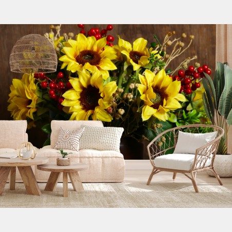 Papier peint bouquet d'automne aux tournesols et baies rouges – Wallnifity®