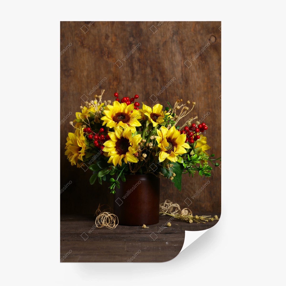 Papier peint bouquet d'automne aux tournesols et baies rouges – Wallnifity®