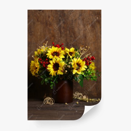 Papier peint bouquet d'automne aux tournesols et baies rouges – Wallnifity®