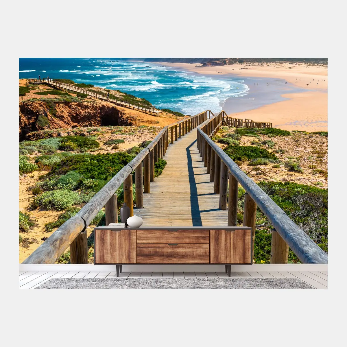 Papier peint chemin en bois vers Praia da Bordeira – Wallnifity®