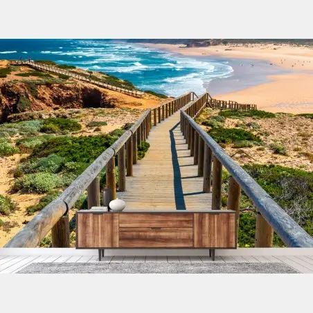 Papier peint chemin en bois vers Praia da Bordeira – Wallnifity®