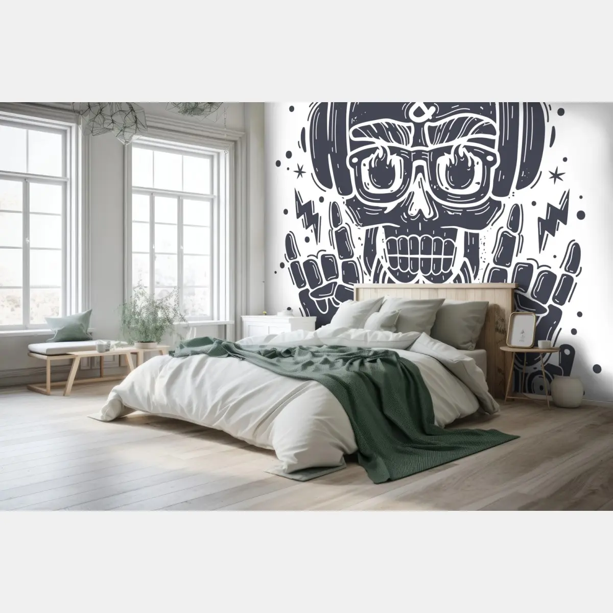 Papier peint crâne rock au casque et boombox rétro – Wallnifity®