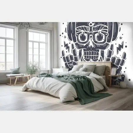 Papier peint crâne rock au casque et boombox rétro – Wallnifity®
