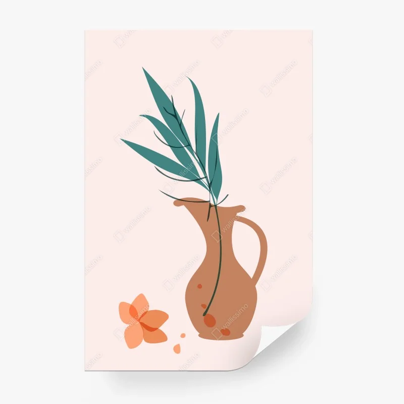 Papier peint vase en terre et feuillage minimaliste – Wallnifity®