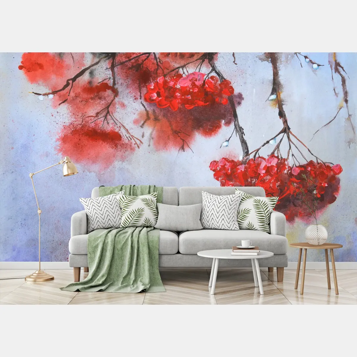 Papier peint bouquets de baies rouges en aquarelle – Wallnifity®