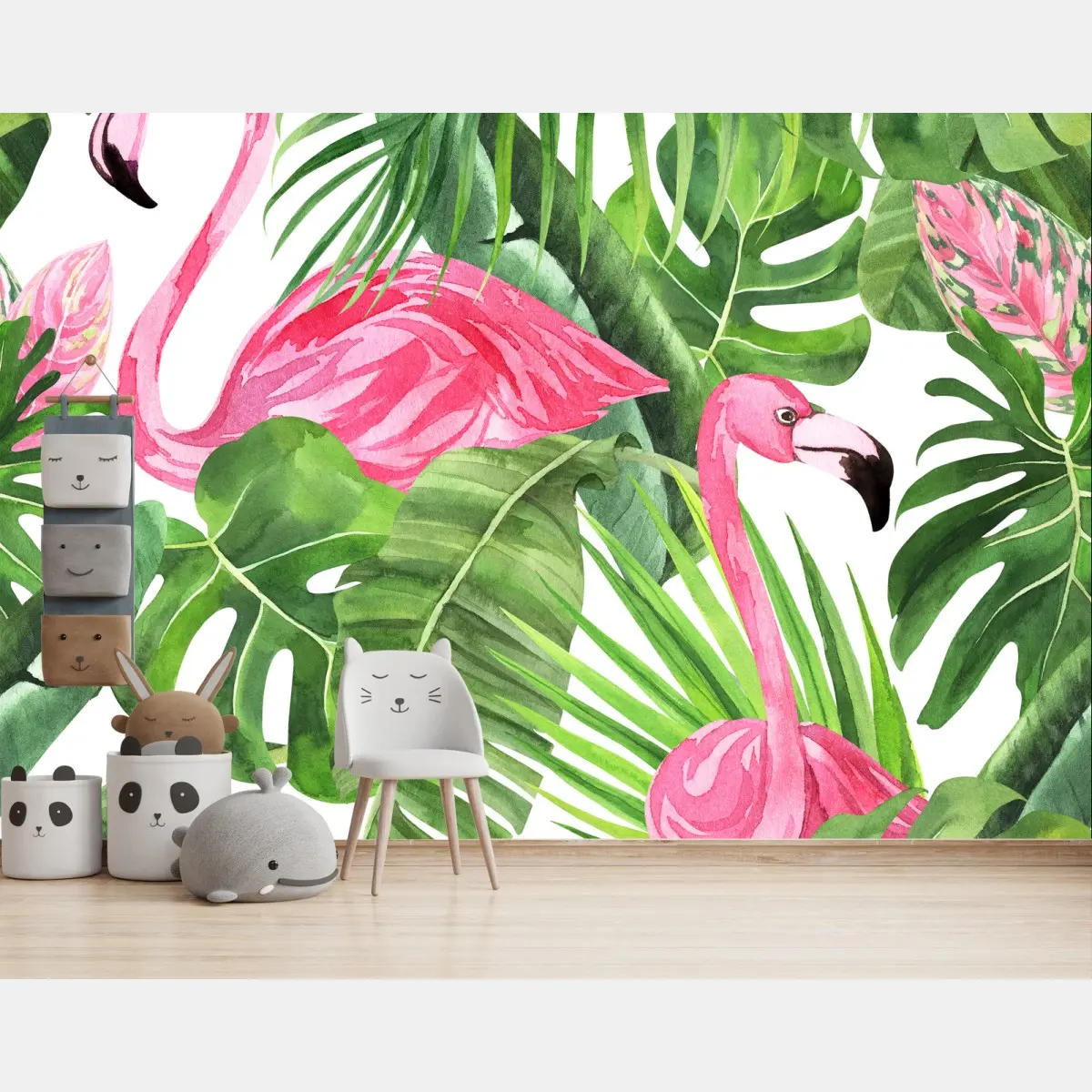 Papier peint flamants roses et feuillages tropicaux – Wallnifity®