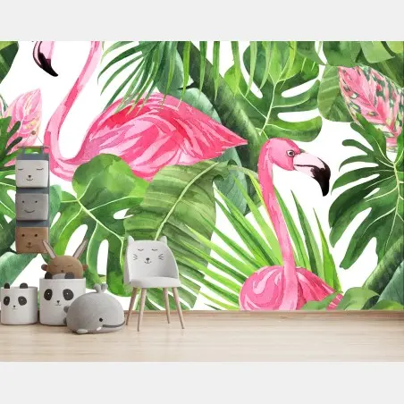 Papier peint flamants roses et feuillages tropicaux – Wallnifity®