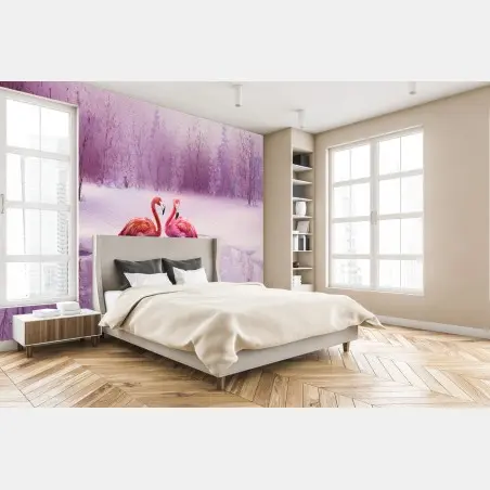 Papier peint flamants roses dans un paysage hivernal lilas – Wallnifity®