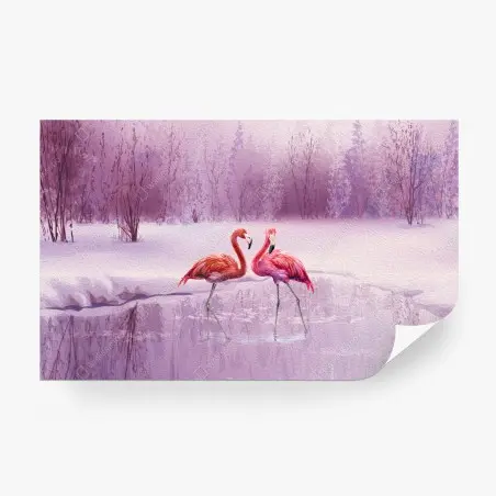 Papier peint flamants roses dans un paysage hivernal lilas – Wallnifity®