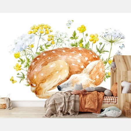 Papier peint faon endormi parmi les fleurs sauvages – Wallnifity®