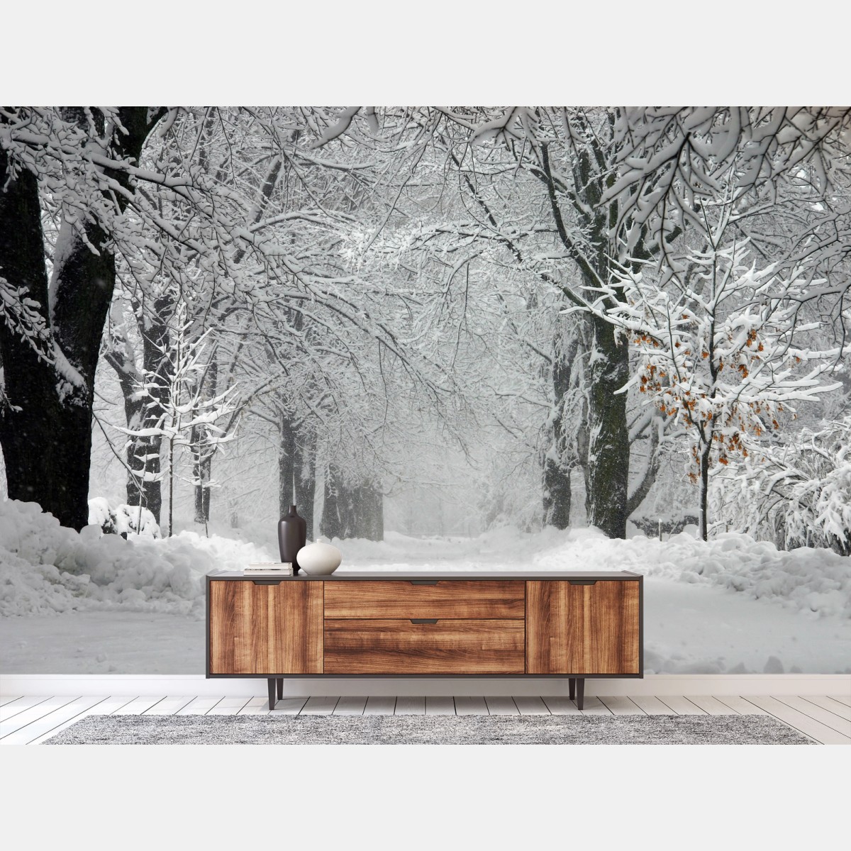 Papier peint allée hivernale enneigée et paisible – Wallnifity®