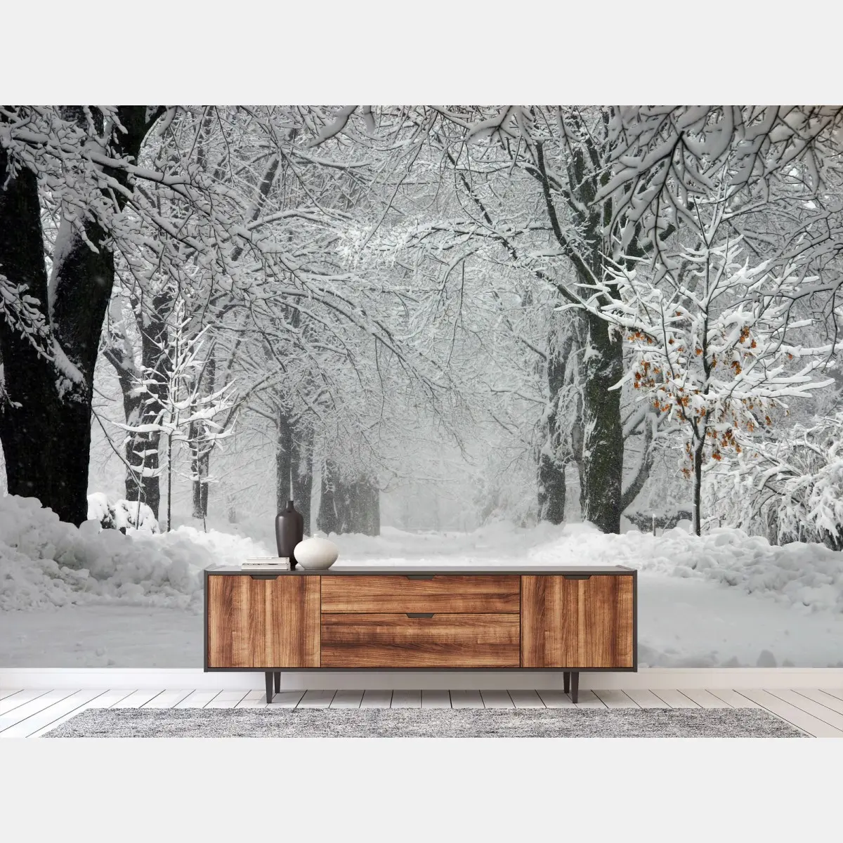 Papier peint allée hivernale enneigée et paisible – Wallnifity®